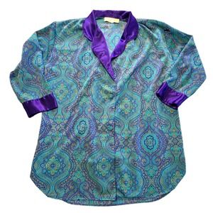 Victoria's‎ Secret Gold Label Satin Paisley Lounge Sleep Shirt Purple Teal 90s L